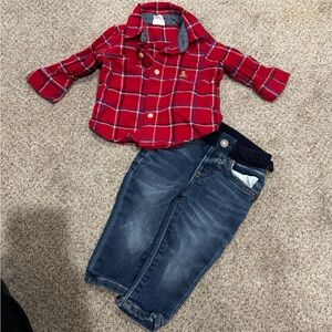 Red Plaid Kids Shirt & Jeans Set